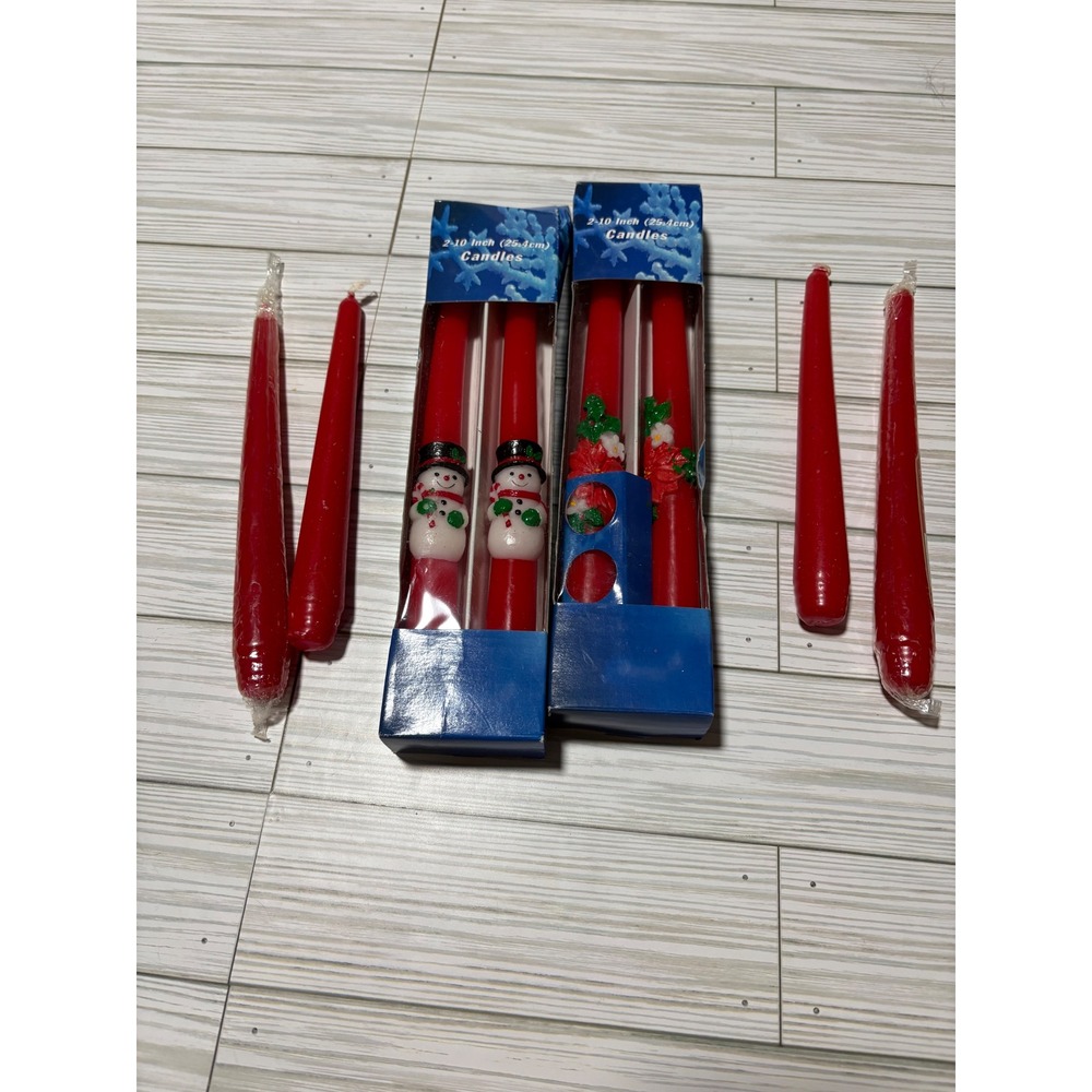 Vintage Christmas Red Taper Candle Lot Snowman Poinsettia 10in Candle-lite 8in‎